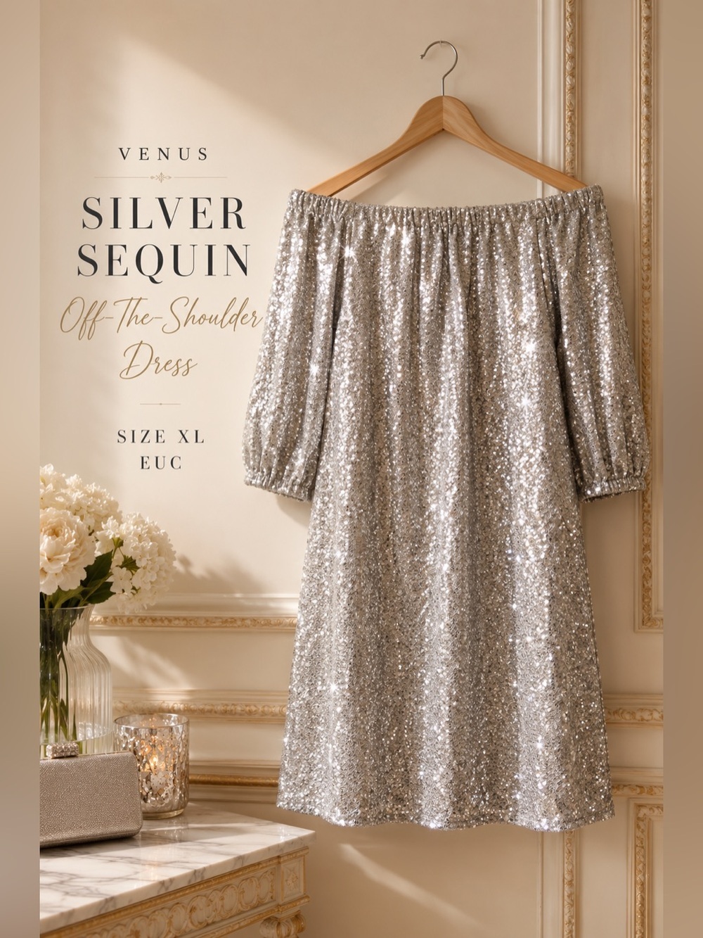 VENUS Silver Sequin Off-The-Shoulder Dress Size XL